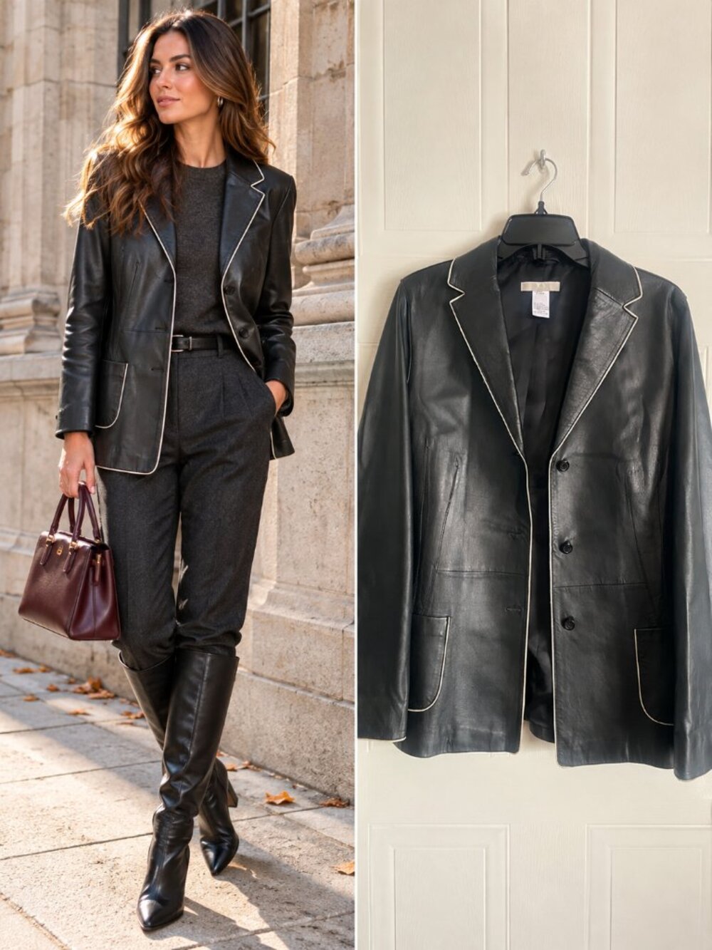 KS Selection Black Lamb Leather Blazer Contrast Piping Tailored 90s Preppy 10